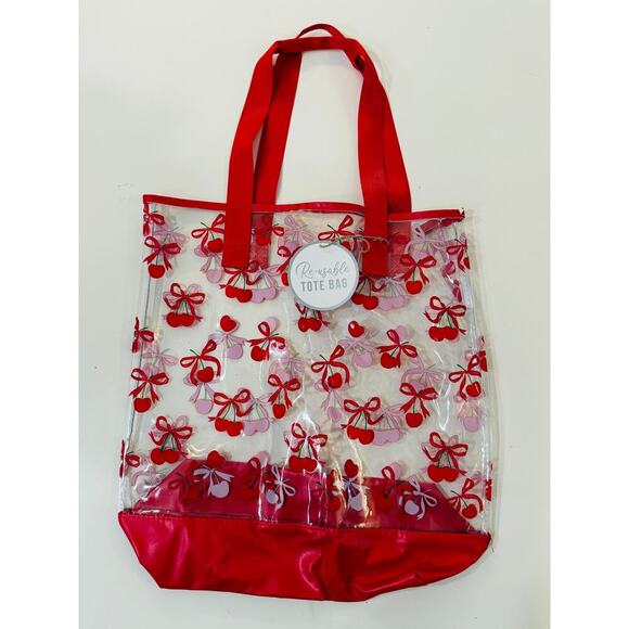 Cherry Clear Tote Bag - Bright Red Coquette Bow & Cherries - Fashionable & Fun - Picture 1 of 4